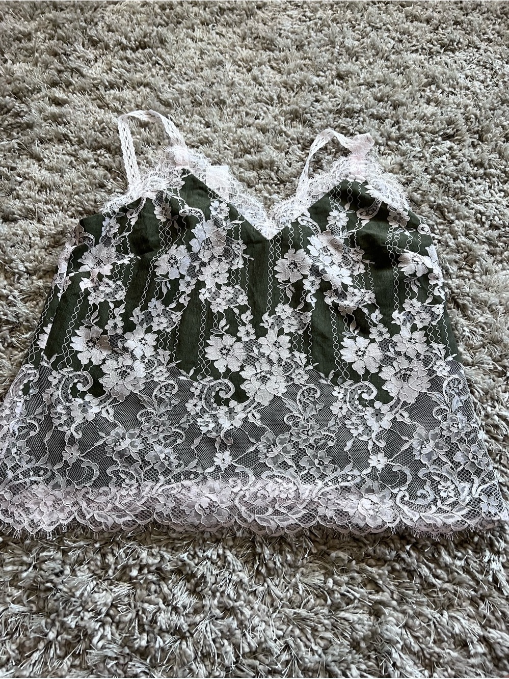 Express Olive Green Camisole with White Floral Lace